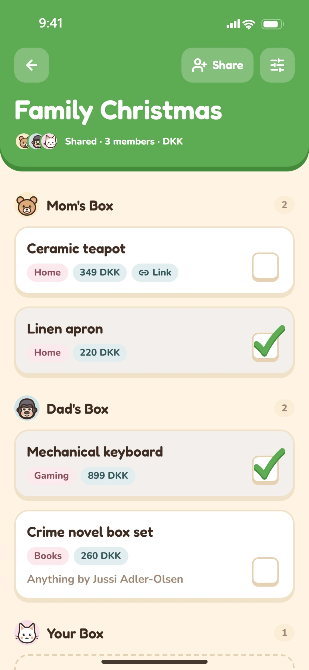 A Family Christmas list grouped by person: Mom's Box and Dad's Box, with two gifts ticked off