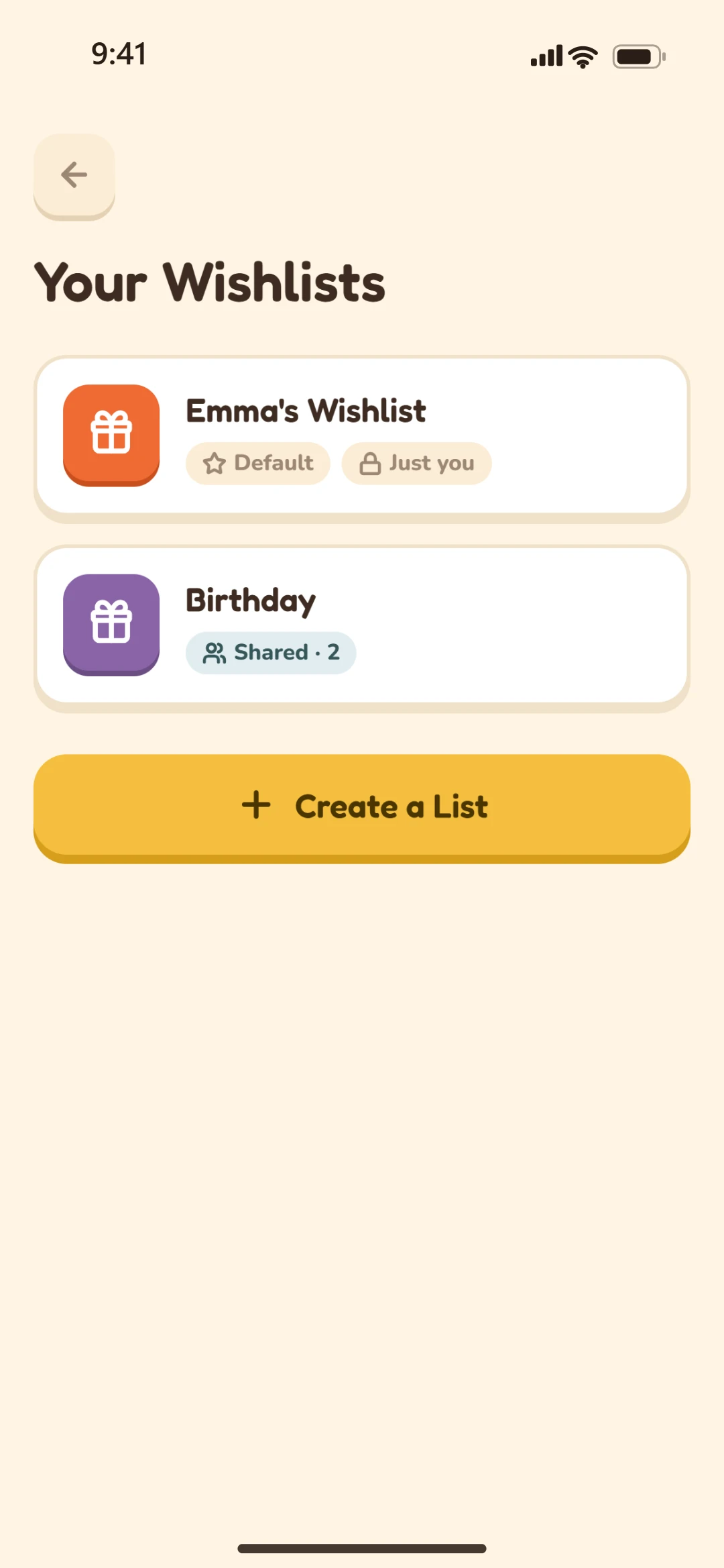 Your Wishlists: Emma's default wishlist and a Birthday list