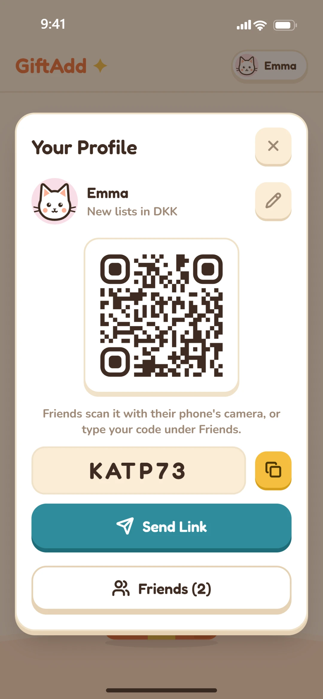 Your Profile: avatar, QR code and friend code